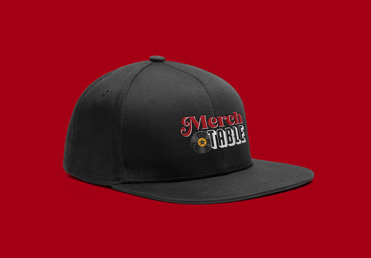 Merch Table branded black baseball cap mockup